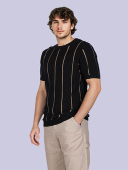 Lee - Men Black Pure Cotton Stripes Regular Fit T-Shirt