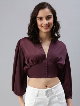SHOWOFF - Women's V-neck Solid Burgundy Crop Top