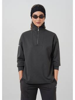 Technosport - Women Solid High Neck Regular Fit Full Sleeve Half Zip Grey Sweatshirt