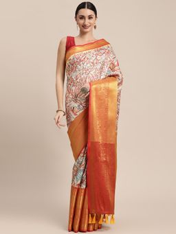 Vastranand - Off White Banarasi Silk Kalamkari Block Print Party Wear Saree with Unstitched Blouse