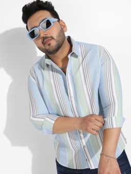Instafab Plus - Men's Striped Cotton Button Up Shirt -blue