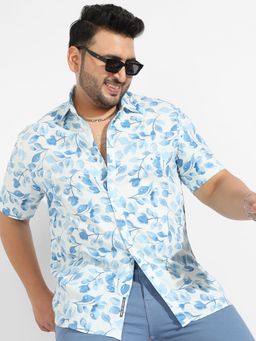 Instafab Plus - Men's White & Blue Artistic Foliage Print Shirt