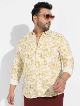 Instafab Plus - Men's Artistic Foliage Print Button Up Shirt -yellow