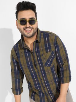 Instafab Plus - Men's Olive Green Tartan Plaid Shirt