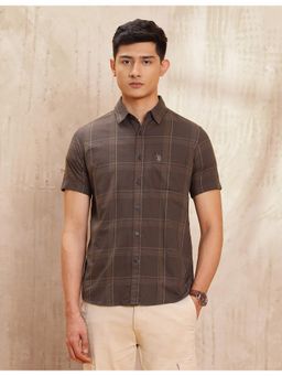 U.S. Polo Assn. Denim Co. - Mens Grid Tattersall Checks Pure Cotton Brown Casual Shirt