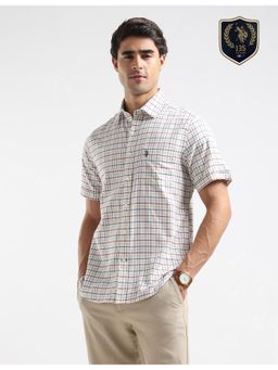 U.S. POLO ASSN. - Mens Grid Tattersall Checks Tailored Fit Off White Casual Shirt