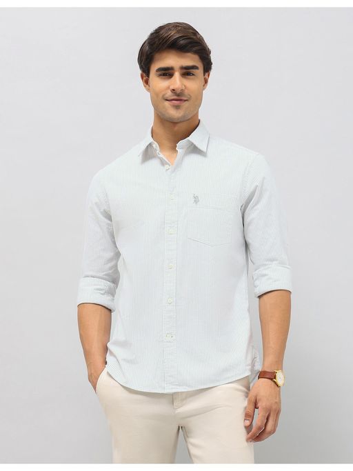 U.S. POLO ASSN. Mens Vertical Stripes Oxford Green Casual Shirt
