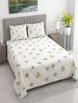 Threadwear - White Floral 400TC Queen Bedsheet With 2 Pillow Covers