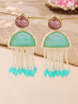 Zaveri Pearls - Turquoise and Purple Stone Beaded Strings Fringe Drop Earring-ZPFK14826