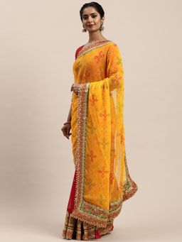 Vastranand - Yellow & Red Poly Georgette Printed Bandhani Saree with Unstitched Blouse