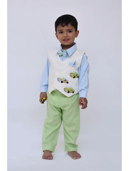 Fayon Kids - Off White Waist Coat and Blue Shirt with Green Pants (Set of 4)