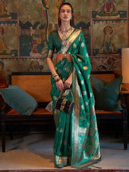 Akhilam - Womens Silk Blend Teal Green Woven Designer Saree with Unstitched Blouse