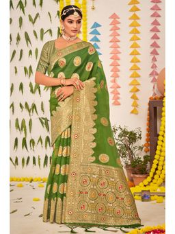 Sangam Prints - Green Organza Woven Zari Work Traditional Tassel Saree with Unstitched Blouse