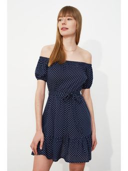 Trendyol - Womens Navy Blue Polka Dots Mini Dress With Belt (Set of 2)