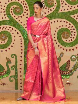 Odette - Women Silk Blend Pink Woven Design Saree with Unstitched Blouse