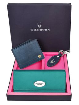 WILDHORN - Premium Leather Ladies Wallet, Mens Wallet and Keychain Gift -1K_TE_2052BLCR_K (Set of 3)