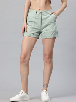 Popnetic - Green Women Solid Cotton Shorts