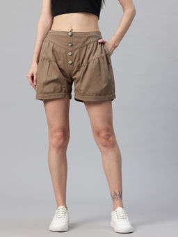 Popnetic - Women Taupe Solid Relaxed Fit Pure Cotton Shorts