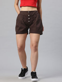 Popnetic - Wine Women Coffee Brown Solid Relaxed Fit Pure Cotton Shorts