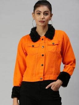 SHOWOFFFF - Women Spread Collar Long Sleeves Orange Solid Jacket