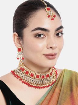 Peora - Indian Ethnic Matte Gold Finish Goddess Laxmi Dangling Temple Earring Set