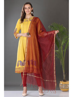 Kaanchie Nanggia - Yellow Block Printed Anarkali with Leggings and Dupatta (Set of 3)