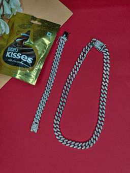 NVR - Men Silver-Plated American Diamond Choker Chain and Bracelet with Chocolate Combo Set
