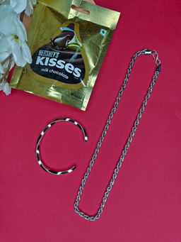 NVR - Men's Silver-Plated Stainless Steel Chain and Cuff Bracelet with Chocolate