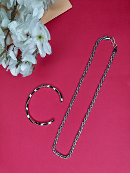 NVR - Men's Silver-Plated Stainless Steel Chain with Cuff Bracelet