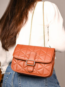 Visual Echoes - Quilted Chain Sling Bag -Tan