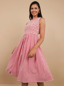 Styli - Red Sleeveless Gingham Check A-line Midi Dress