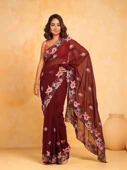 Odette - Brown Silk Embroidered Saree with Unstitched Blouse