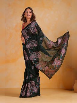 Odette - Black Silk Embroidered Saree with Unstitched Blouse