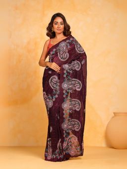 Odette - Maroon Silk Embroidered Saree with Unstitched Blouse