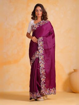 Odette - Wine Silk Embroidered Saree with Unstitched Blouse
