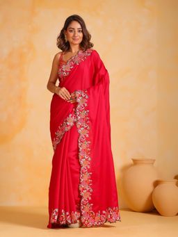 Odette - Red Silk Embroidered Saree with Unstitched Blouse