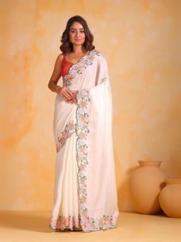 Odette - Off White Silk Embroidered Saree with Unstitched Blouse