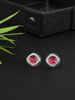 E2O - Self Design Red Diamond Heart Shaped Stud Earring with Emerald Colour Stone