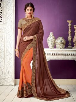Odette - Brown Orange Georgette Designer Saree with Unstitched Blouse