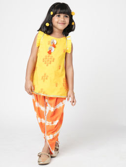 Lil Drama - Khoochi Poochi Girls Yellow Embroidered Kurta with Dhoti (Set of 2)