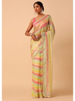 KALKI FASHION - Multi-Color Organza Striped Sequin Saree with Unstitched Blouse