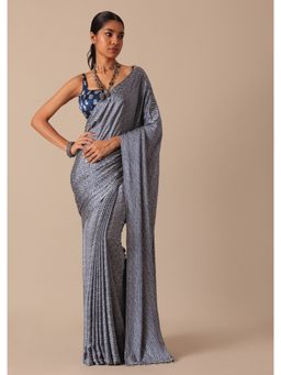 KALKI FASHION - Blue Printed Saree In Satin with Tassel Detail with Unstitched Blouse