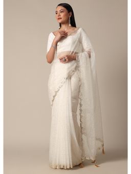 KALKI FASHION - Elegant White Saree with Mirror Scallop Border with Unstitched Blouse