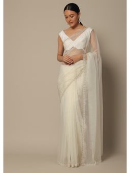 KALKI FASHION - White Organza Saree with Scallop Cutdana Border with Unstitched Blouse