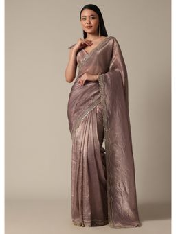 KALKI FASHION - Elegant Brown Saree with Mirror and Stone Work with Unstitched Blouse