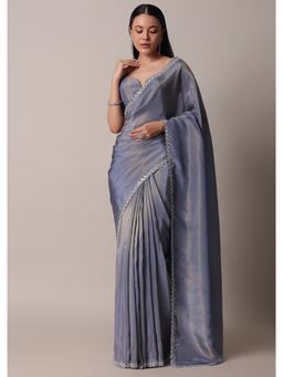 KALKI FASHION - Grey Glass Tissue Saree with Mirror Work Border with Unstitched Blouse