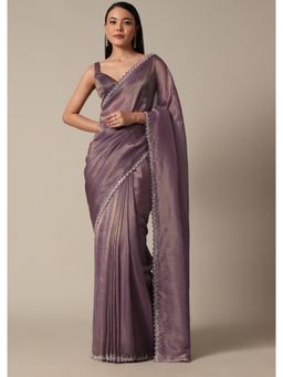 KALKI FASHION - Regal Purple Saree with Mirror and Stone Scallop Border with Unstitched Blouse