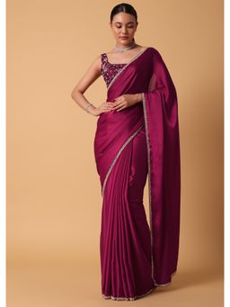 KALKI FASHION - Magenta Red Satin Saree with Sequin Embellished Border with Unstitched Blouse