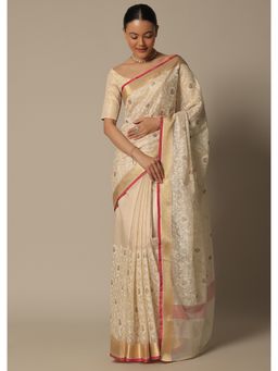 KALKI FASHION - Beige Saree with Multi-Color Thread Work In Kora Silk with Unstitched Blouse