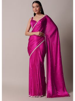 KALKI FASHION - Pink Satin Chinon Saree with Floral Motif Scallop Border with Unstitched Blouse